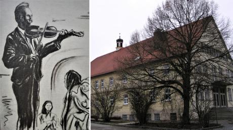 Die Zeichnung (links) zeigt Eduard Lack mit seiner Geige 1946 im Krumbacher Stadtsaal (rechts).