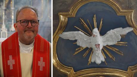 Pfarrer Demel ist in Krumbach geboren und aufgewachsen. Links: Abbildung des Heiligen Geistes auf dem Schalldeckel der Kanzel.