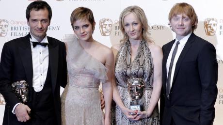 Das Harry-Potter-Team: Produzent David Heyman (l-r), Emma Watson, Joanne K. Rowling und Rupert Grint. dpa