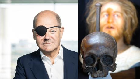 Der Kanzler mit Augenklappe – und der angeblich echte Schädel eines jedenfalls wirklichen und geköpften Piraten: Störtebeker. 