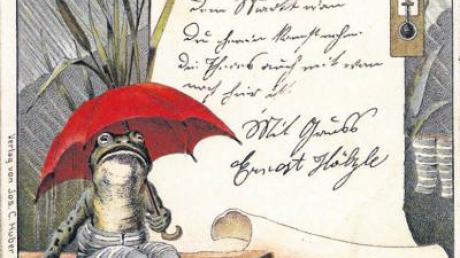 Eine Karte mit zwei lustigen Fröschen ging im Jahr 1898 von Dießen nach Hofstetten.