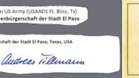 Zwei Mal verweist FDP-Kandidat Andreas Tillmann in seinem Lebenslauf auf die „Ehrenbürgerschaft“ im texanischen El Paso (Ausriss links). Rechts: Die Urkunde der Stadt El Paso. 
