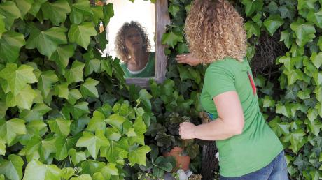 Alte Sachen, wie dieser von Efeu eingewachsene Spiegel, bekommen in Anja Haims Garten einen neuen Platz. 
