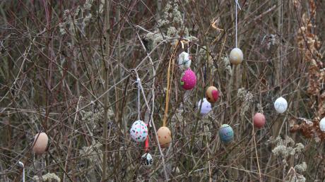 Was hat es mit den Eiern auf sich, die in Scheuring entlang eines beliebten Spazierwegs in den Büschen hängen? Die Aufklärung liefert die Künstlerin Katrin Engel-Meyer. 