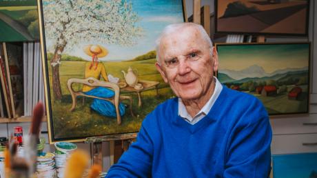 Mit 84 Jahren malt Karl Ilg aus Dießen, was ihn froh stimmt. Wie die elegante Dame bei ihrer Mußestunde unter einem blühenden Apfelbaum. 
