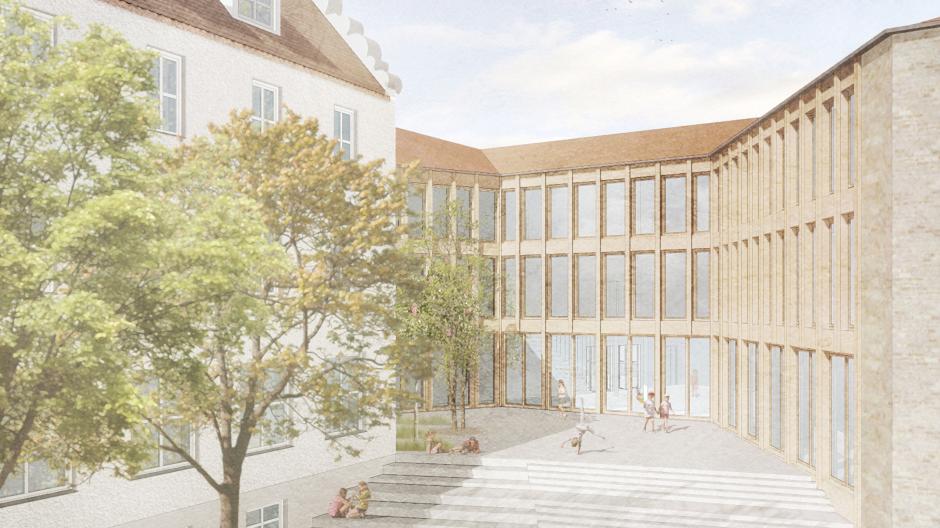Der Siegerentwurf zur Sanierung und Erweiterung der Schlossbergschule in Landsberg sieht einen geschwungenen Anbau im Norden vor.