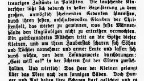 Zeitungsausschnitt aus dem Jahr 1910: Einladung zum "Kinderkreuzzug".