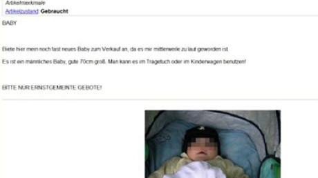 Eine 23-jährige Mutter aus Holzgünz im Allgäu hat ihr Baby beim Internetauktionshaus Ebay zum Verkauf angeboten.