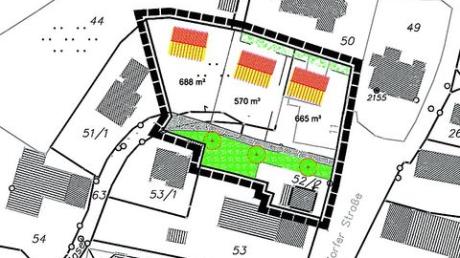 Das Areal der alten Wirtschaft in Nattenhausen, Unterdorferstraße, soll in drei Bauplätze aufgeteilt werden. Im Norden wird ein Streifen von vier Metern Breite für die Erweiterung des Friedhofs reserviert und im Süden wird das Grundstück durch einen Grünstreifen begrenzt. Grafik: Büro Markert