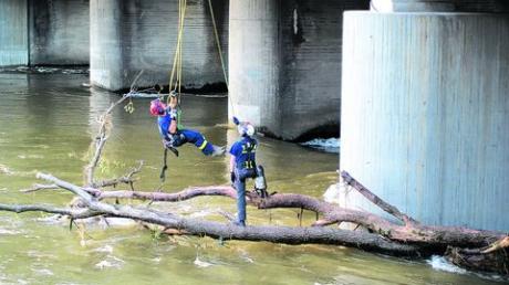 Die beiden THW-Spezialisten Walter Backeler (roter Helm) und Robert Mayer (weißer Helm) zersägen den 15 Meter langen Baumstamm, der sich an einem Pfeiler der Eisenbahnbrücke verhakt hatte. Foto: THW