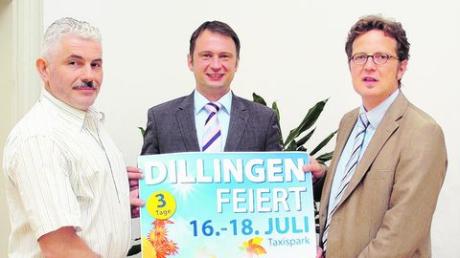 Freuen sich auf das neue Dillinger Stadtfest (von links): Projektleiter Peter Graf, Oberbürgermeister Frank Kunz und der Vorsitzende der Wirtschaftsvereinigung, Josef-Albert Schmid. Foto: von Neubeck