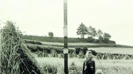 Diese historische Aufnahme zeigt das Kolperkreuz an seinem ursprünglichen Platz am Aichberg in der Obergriesbacher Flur. Das Korn ist bereits zu Manderl aufgestellt, der Hafer ist noch nicht gemäht. Das untere Schild am Stamm ist im Laufe der Zeit verloren gegangen. 