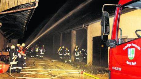 Brand in einer Pferdepension: Glücklicherweise war das nur eine Einsatzübung der Feuerwehren Buch und Gannertshofen am Donnerstagabend. Foto: wis