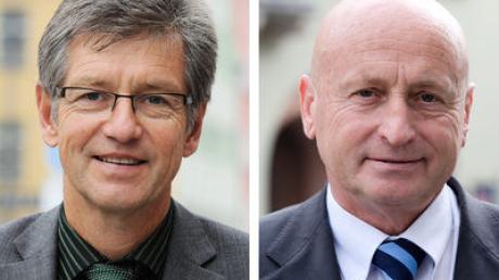 Die Bildkombo zeigt die Oberbürgermeister-Kandidaten Thomas Keyßner (l, Grüne) und Amtsinhaber Hans Rampf (CSU, aufgenommen am 05.10.2010 in Landshut (Niederbayern). 