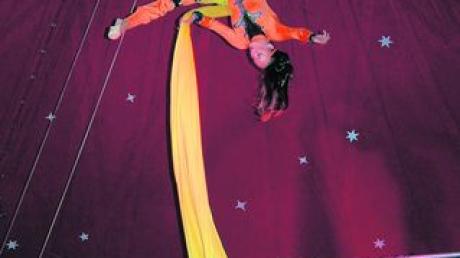 Scarlett Sperlich beeindruckt das Publikum am seidenen Vertikaltuch unter der Zirkuskuppel. Fotos: Nadine Bradl