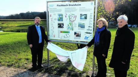 Abschluss der Baumaßnahme zum Hochwasserschutz in Druisheim: Vize-Landrat Franz Oppel, Gudrun Seidel (Wasserwirtschaftsamt) und Bürgermeister Albert Lohner (von links) enthüllten eine Schautafel. Foto: Unflath