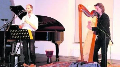 Ein historischer Augenblick: Folkmusiker spielen zum ersten Mal auf der Bühne im Rittersaal. An der keltischen Harfe Andy Lang und Norbert Hiller mit einer Low-Whistle. Foto: Greck