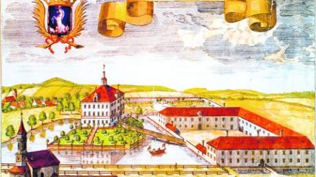Der nachcolorierte Wening-Stich von Schloss Affing (1701) ist zwar nicht in allen Teilen korrekt, zeigt aber im Wesentlichen den Zustand, dem das Schloss nach dem Brand 1927 nachempfunden wurde. Fotos: Klaus F. Linscheid
