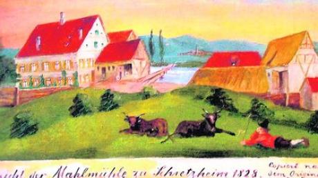 Die "Mahlmühle zu Schretzheim" im Jahre 1828 zeigt dieses Bild, das zu den Illustrationen des Bandes gehört. Repro: Pawlu