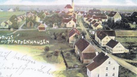 Auf dieser kolorierten Ansichtskarte von Pfaffenhausen aus dem Jahr 1905 sieht man (links oben) die kurz zuvor fertiggestellte Kaffeegasse mit ihren zwölf Häusern. 