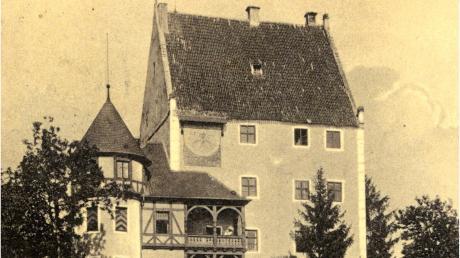 Ein Blick in längst vergangene Zeiten: Schloss Mattsies im frühen 20. Jahrhundert, als Kutscher und Mitarbeiter (rechts hinten) stolz für das Foto vor dem schönen Schloss posierten. 	