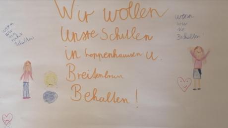 Amelie aus Breitenbrunn hat eine ganz klare Meinung zum Thema Dorfschulen in Pfaffenhausen und ein Plakat dazu gemalt.
