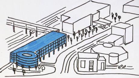 Die Skizze zeigt das von der CDU vorgesehene Parkhaus (blau) auf dem Gelände des Busbahnhofs mit Anbindung an den Bahnhofsteg.  
