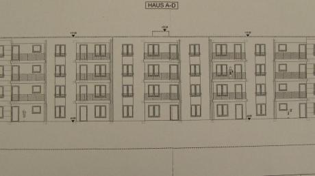 So sollen die vier Wohnblöcke aussehen, die Wohnbau Inhofer auf dem Gelände an der Berliner Straße bauen will. Jedes der vierstöckigen Gebäude ist 11,50 Meter hoch. 	