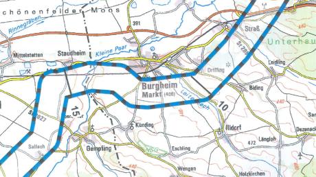 Falls die Wunschtrasse bei Meitingen nicht verwirklicht werden kann, plant Amprion eine Alternativtrasse – abgebildet zwischen den gestrichelten Linien – die unmittelbar südlich von Burgheim verlaufen soll.  
