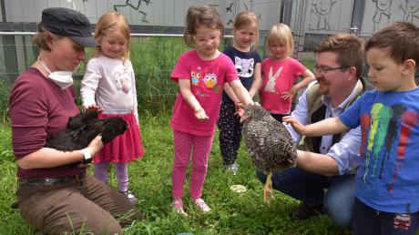 Die Bergheimer Kindergartenkinder bekommen tierische Mitbewohner: Erzieherin Monika Crusius und Bürgermeister Tobias Gensberger machten Kinder der Bärengruppe mit den Hühnern bekannt. 	
