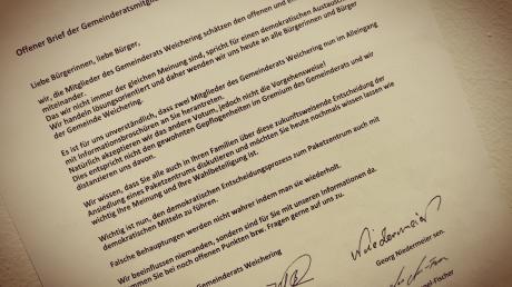 Diesen offenen Brief haben Gemeinderäte aus Weichering verfasst, weil ihnen insbesondere die überraschende Anti-Haltung von Stefan Appel zum Paketzentrum missfällt. 