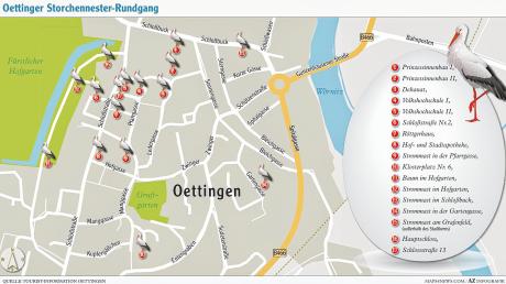 Im Bereich der Oettinger Innenstadt haben 17 Storchenpaare ihre Nester gebaut. Die Grafik zeigt ihre Positionen. Manche der Jungtiere sind bereits geschlüpft, die restlichen werden es voraussichtlich im Laufe nächster Woche tun. 