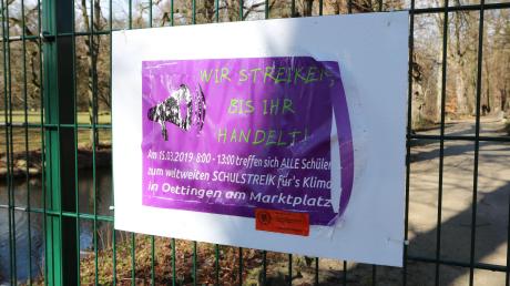 „Wir streiken, bis ihr handelt“, steht auf dem Schulstreik-Plakat, das am Zugang zum Oettinger Hofgarten hängt. 