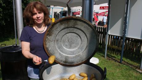 Selbstverständlich gab es beim Kartoffelfest auf dem Gelände des Museums Kulturland Ries in Maihingen auch gedämpfte Kartoffeln. Gudrun Neumayr kümmerte sich um die leckeren Knollen. 	