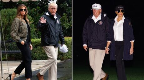 First Lady Melania Trump trägt High Heels, als sie im Katastrophengebiet ankommt. Bei ihrer Rückkehr am selben Abend (r) trägt sie weiße Turnschuhe.
