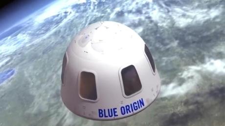 Diese undatierte Illustration von Blue Origin zeigt die Kapsel, mit der die Firma Touristen ins All bringen will. Ein Sitzplatz für den ersten bemannten Weltraumflug ist für 28 Millionen US-Dollar versteigert worden.