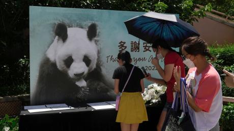 Besucher schreiben in Kondolenzbücher nach dem Tod des chinesischen Riesenpandas An An im Ocean Park.