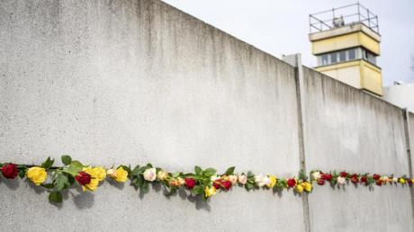 Rosen stecken bei der zentralen Gedenkveranstaltung zum 32. Jahrestag des Mauerfalls in der Gedenkstätte Berliner Mauer in einem Mauerstück.