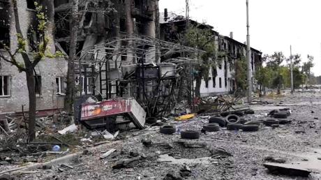Beschädigte Wohngebäude in Lyssytschansk in der Region Luhansk in der Ukraine.