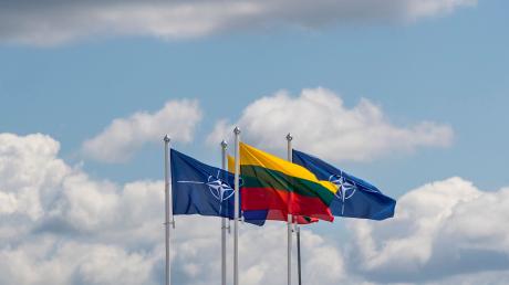 Flaggen der Nato-Mitgliedsländer wehen im Wind vor dem Veranstaltungsort des Nato-Gipfels. Der Krieg Russlands gegen die Ukraine wird ganz oben auf der Tagesordnung stehen.