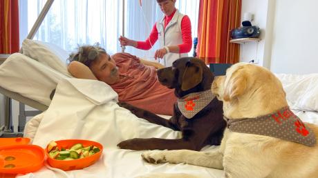 Ivana Seger besucht mit ihren beiden Hunden Sissi und Helga im Rahmen der tiergestützten Therapie auf der Palliativstation des Klinikums Memmingen den Patienten Richard Mentl.
