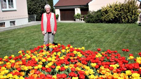 Elisabeth Schaflitzel staunt über die jährlich wiederkehrende Tulpenpracht auf ihrem Rasen.