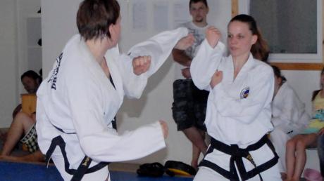 Abwehr und Angriff in Perfektion, das demonstrieren hier die beiden Spitzen-Taekwon-Do-Ka Patrizia Blätz und Saskia Burghardt (rechts). 