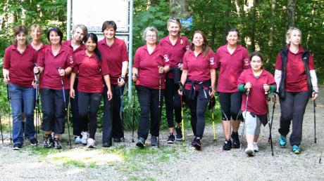 Gemeinsames Training auf dem Trimm-dich-Pfad in Günzburg: Das Frauenteam der Eigenbetrieb-Seniorenheime des Landkreises geht gut gerüstet beim Landkreislauf auf die 6,3 Kilometer lange Nordic-Walking-Strecke. 	