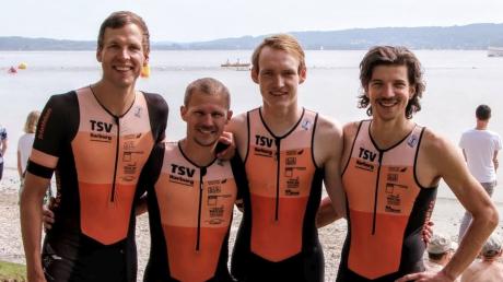 Beim 23. Ammersee-Triathlon belegte das Team des TSV Harburg den starken vierten Platz und schaffte damit den Aufstieg in die Bayernliga. Das Bild zeigt (von links) Markus Stang, Tobias Ullrich, Jan Henrik Trautsch und Lukas Berger.