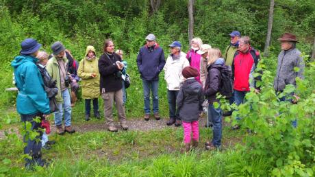 Vogelkundlerin Christine Moser (Mitte) informierte die Mitglieder der Gartenbauvereine aus Issing und Reichling bei einer Exkursion am Lech. 	