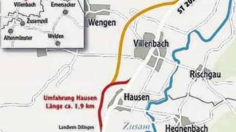 Eine unverbindliche Karte der möglichen Ortsumfahrungen von Villenbach und Hausen. 