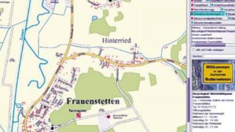 Der neue interaktive Ortsplan der Gemeinde Buttenwiesen. Hier der Ortsteil Frauenstetten mit Informationen zum Recyclinghof. 
