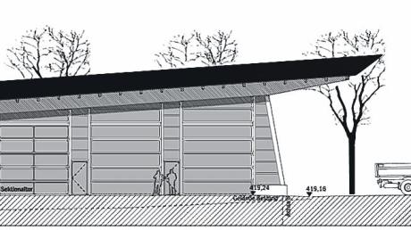 Hier die Nordwestansicht der geplanten Lagerhalle der Firma Gumpp & Maier in Binswangen. 