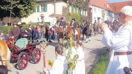 Beim Wendelinsritt in Prettelshofen segnete Pater Jan Bloch die vorüberziehenden Pferdegespanne und Fußgruppen mit Haustieren. 